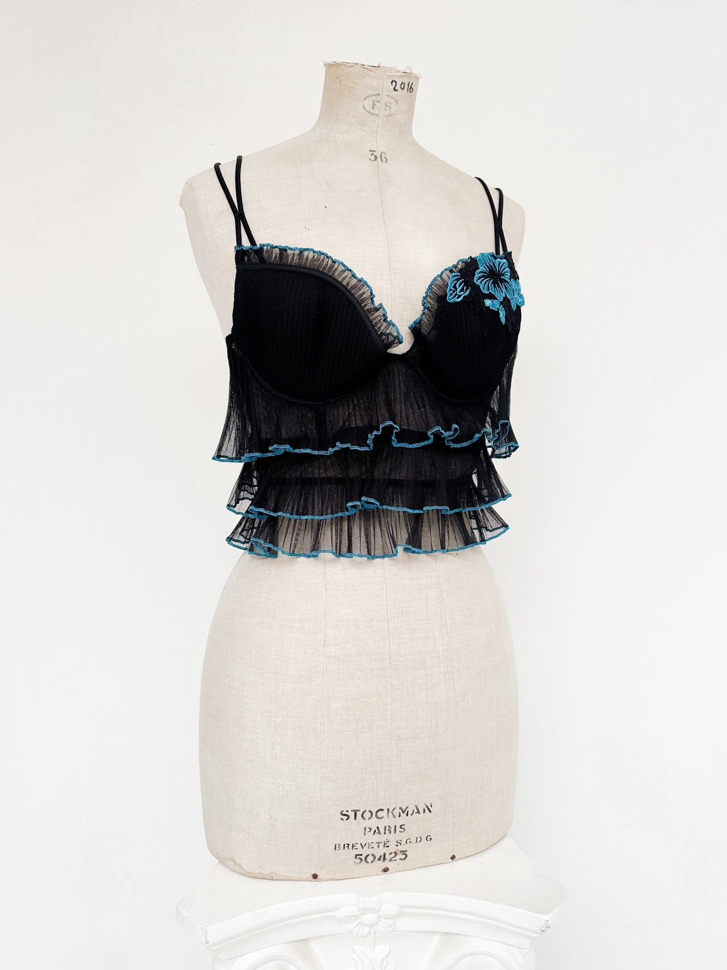 BLACK BLUE RUFFLED BUSTIER (75C/80B)