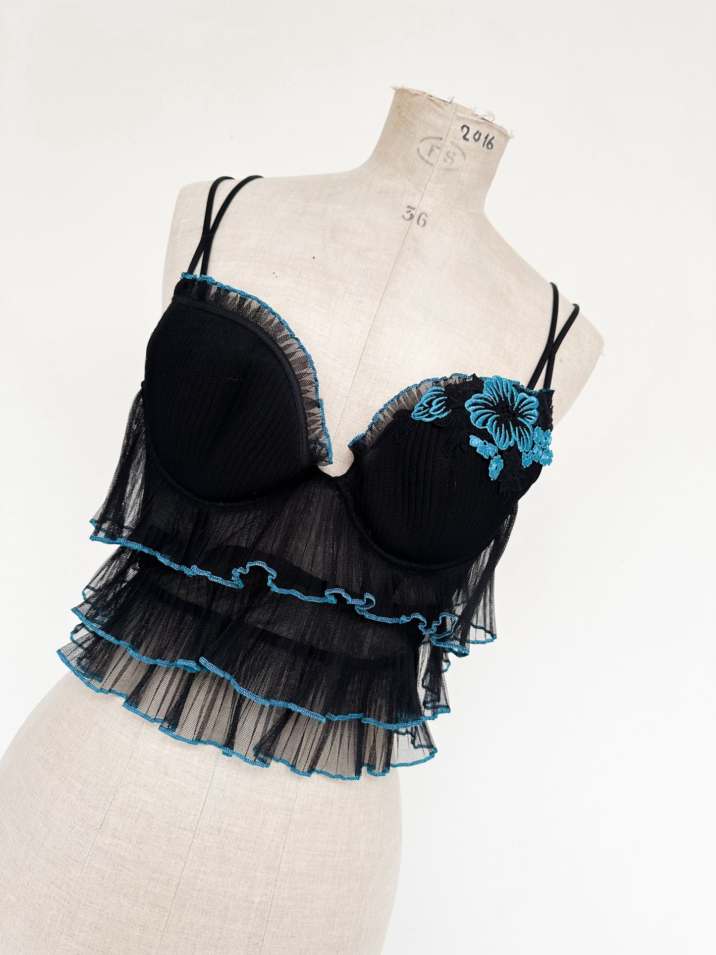 BLACK BLUE RUFFLED BUSTIER (75C/80B)