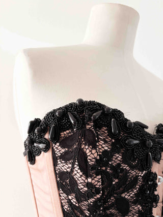 SALMON BLACK LACE BURLESQUE CORSET (XS UP TO M)