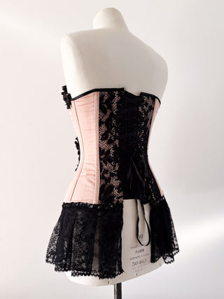 SALMON BLACK LACE BURLESQUE CORSET (XS UP TO M)