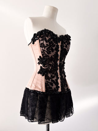 SALMON BLACK LACE BURLESQUE CORSET (XS UP TO M)