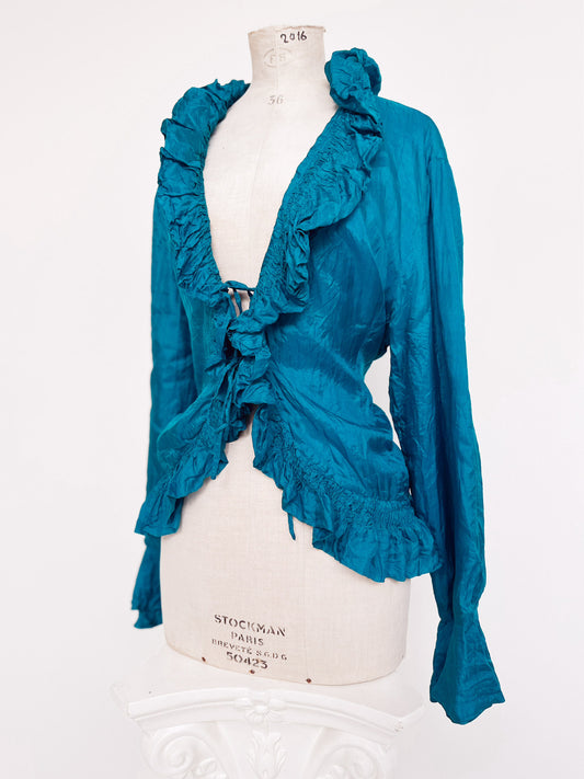 TEAL SILK RUFFLED BLOUSE TOP (M - L)