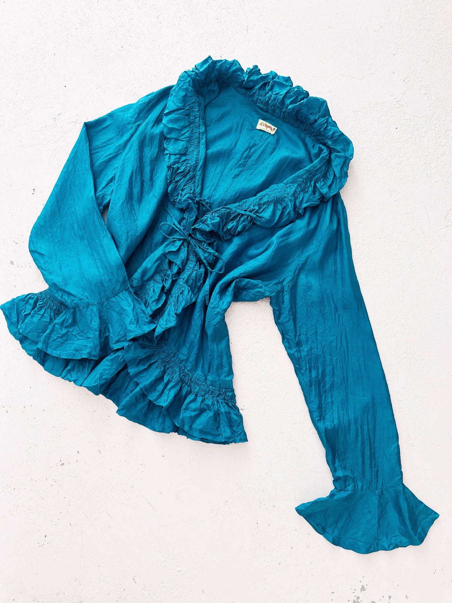 TEAL SILK RUFFLED BLOUSE TOP (M - L)