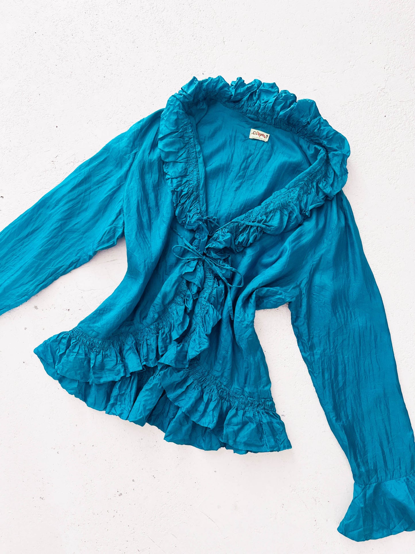 TEAL SILK RUFFLED BLOUSE TOP (M - L)