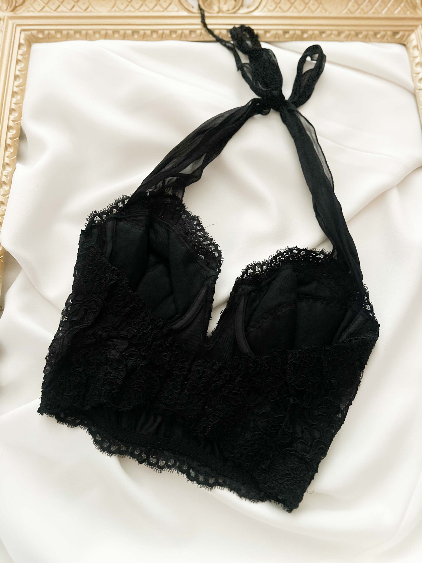 BLACK SILK AND LACE BUSTIER (75B/70C)