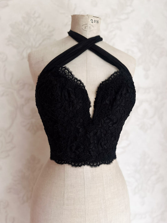 BLACK SILK AND LACE BUSTIER (75B/70C)