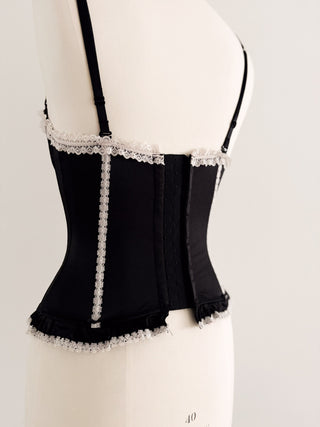 SATIN BLACK WHITE LACEY BUSTIER (75B/70C)