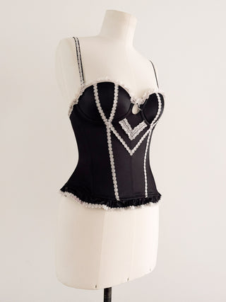SATIN BLACK WHITE LACEY BUSTIER (75B/70C)