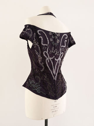 DARK PURPLE SILK BEADS CORSET (L - EU 40/42)