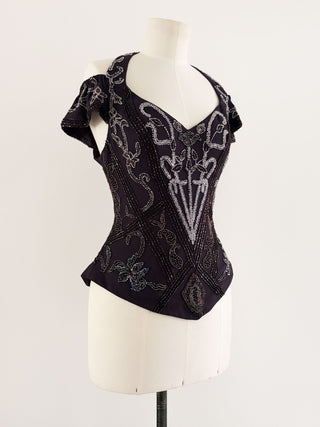 DARK PURPLE SILK BEADS CORSET (L - EU 40/42)