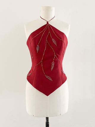 RED SWAROVSKI FLORAL HALTER CORSET - L, EU 42