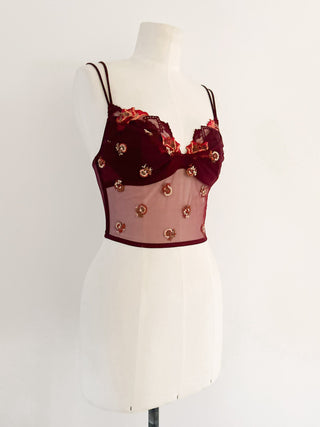 BURGANDY FLORAL MESH BUSTIER (75D/80C)