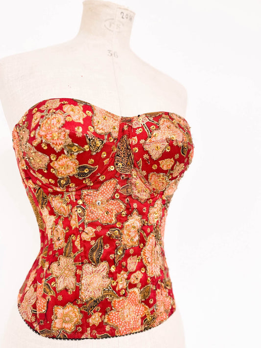 RED BATIC FLORAL BUSTIER (S - M)