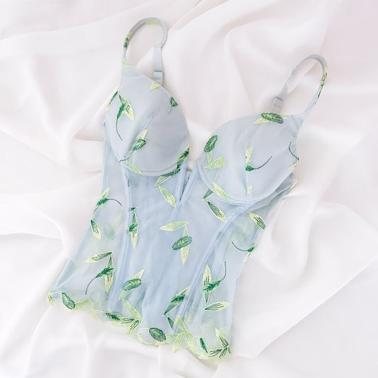 SOFT BLUE LEAVE EMBROIDERY BUSTIER (75B/70C)